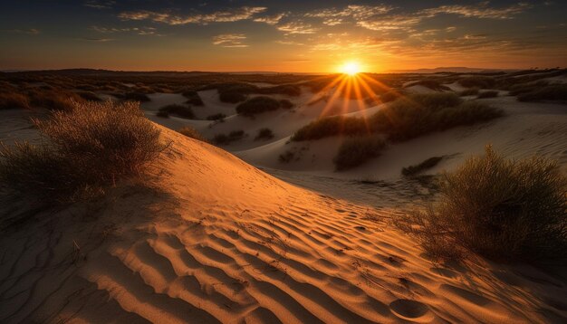 Sonnenaufgang über trockenen Sanddünen, majestätische Schönheit, erzeugt durch KI