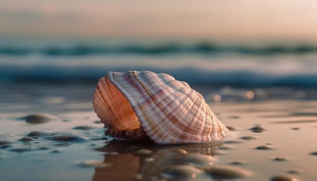 Sonnenaufgangsreflexion auf ruhigen Gewässern Muscheldekoration, die von KI generiert wird