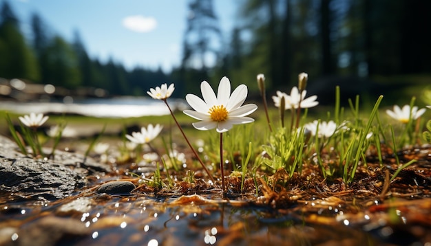 Sonnenbeschienene Wiese, ein lebendiger Wandteppich aus bunten, blühenden Wildblumen, erzeugt durch künstliche Intelligenz