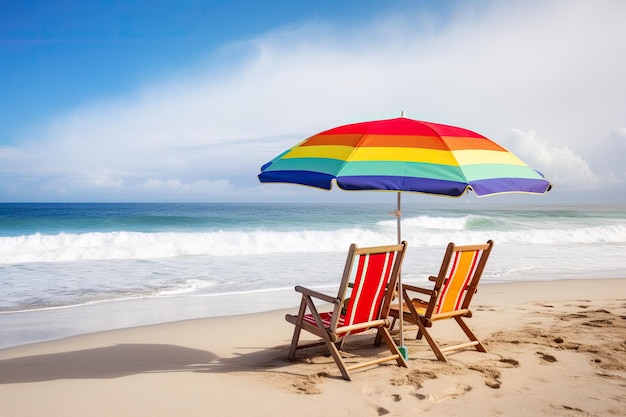 Sonnenschirme und Hängematten am Strand Sommerkonzept KI generativ