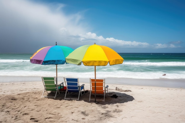 Sonnenschirme und Hängematten am Strand Sommerkonzept KI generativ
