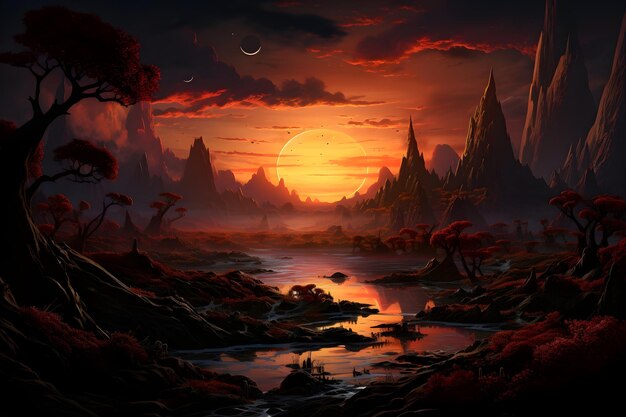 Sonnenuntergang ätherische kinematografische Paläo-Landschaft