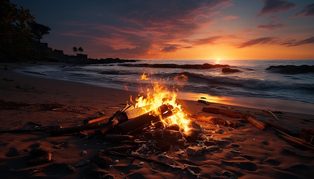 Kostenloses Foto sonnenuntergang, flammen, hitze, brennendes lagerfeuer, schönheit in der natur, ruhiges meer, erzeugt durch künstliche intelligenz