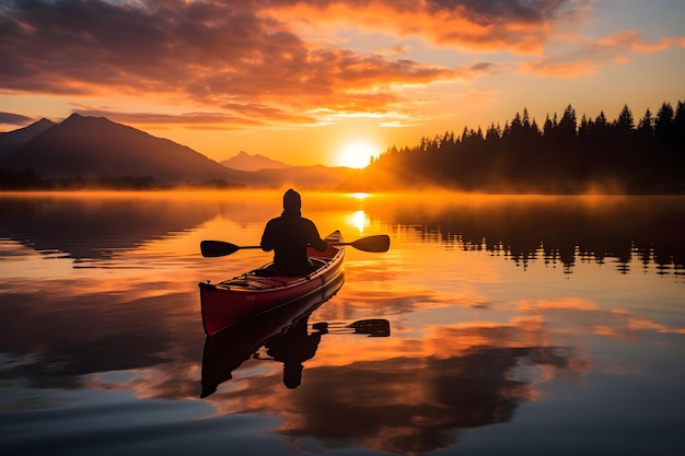 Kostenloses Foto sonnenuntergang mit dem kajak auf dem ruhigen see