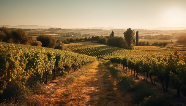 Sonnenuntergang über dem Weinberg, italienische Kultur im Chianti, erzeugt durch KI