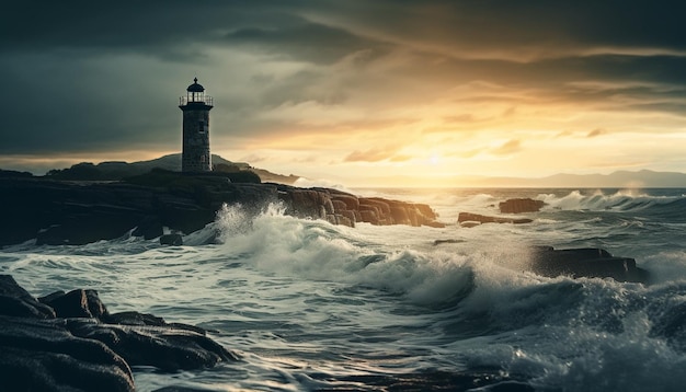 Kostenloses Foto sonnenuntergang über den küstenwellen, die sich an felsen brechen, erzeugt von ki