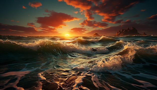 Sonnenuntergang über den Wasserwellen stürzen Naturschönheiten ab, die durch künstliche Intelligenz erzeugt werden