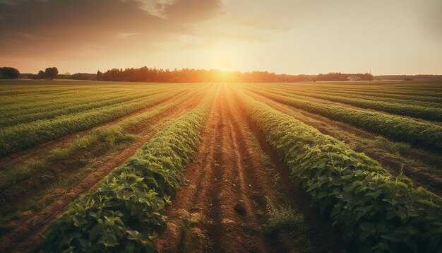 Sonnenuntergang über der idyllischen Naturschönheit einer Bauernhofwiese, erzeugt durch KI