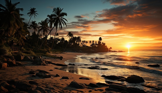 Sonnenuntergang über der Naturschönheit der tropischen Küste in einer ruhigen Meereslandschaft, erzeugt durch künstliche Intelligenz
