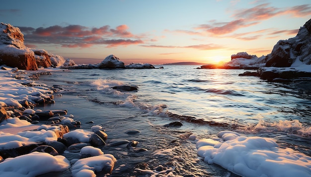 Kostenloses Foto sonnenuntergang über der ruhigen küste, der die schönheit der natur widerspiegelt, die durch ki erzeugt wurde