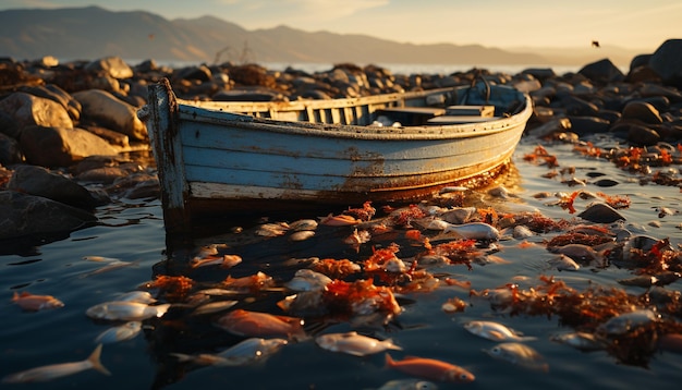 Sonnenuntergang über der ruhigen Küste Fischerschiff spiegelt die Schönheit in der Natur wider, die durch künstliche Intelligenz erzeugt wird