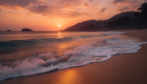 Kostenloses Foto sonnenuntergang über der ruhigen küste wellen, die auf sandige ufer stürzen, erzeugt durch künstliche intelligenz