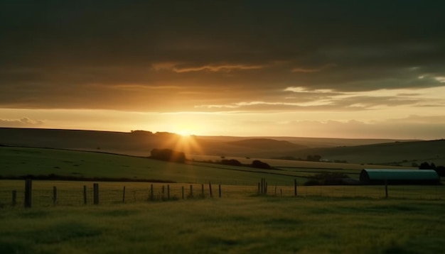 Kostenloses Foto sonnenuntergang über der ruhigen wiesenschönheit eines ländlichen bauernhofs, erzeugt durch ki