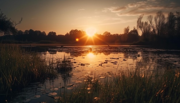 Kostenloses Foto sonnenuntergang über einer ruhigen berglandschaft, die die von ki erzeugte schönheit widerspiegelt