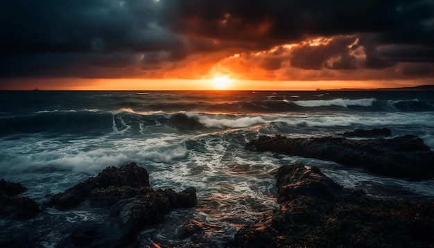 Kostenloses Foto sonnenuntergang über von ki erzeugten wasserwellen, die sich an felsen brechen