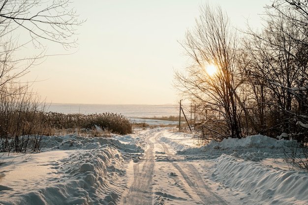 Sonnenuntergangsansicht des verschneiten Winters