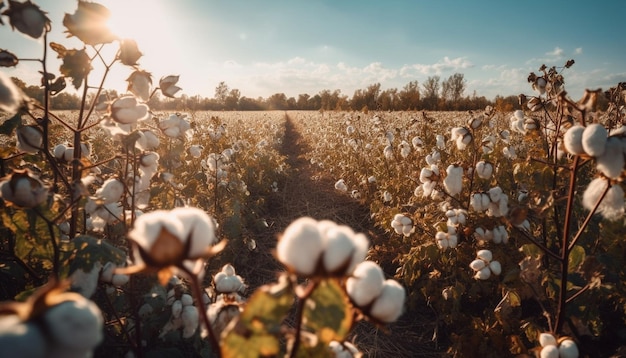 Sonnenuntergangsernte von flauschiger Baumwolle auf einer von KI generierten Farm