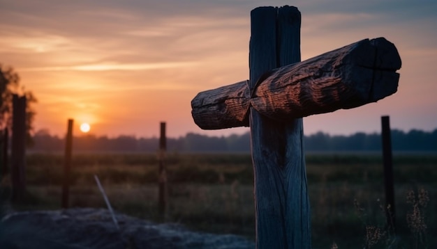 Kostenloses Foto sonnenuntergangssilhouette des kreuzes in rustikaler landschaft, generiert von ki