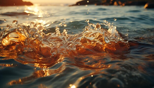 Kostenloses Foto sonnenuntergangswellen spritzen an der ruhigen küste und spiegeln die goldene schönheit wider, die durch künstliche intelligenz erzeugt wurde