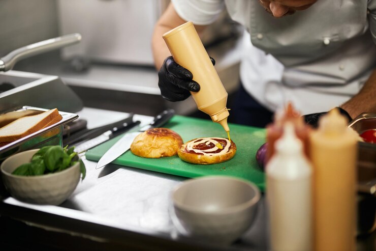Kostenlose Foto soße auf köstliche burgerbrötchen gießen