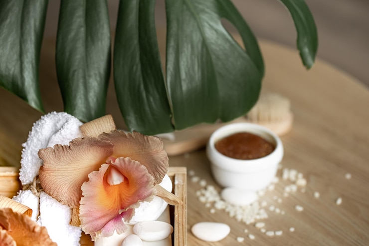 Kostenlose Foto spa-komposition mit thailändischen orchideenblüten und badezubehör