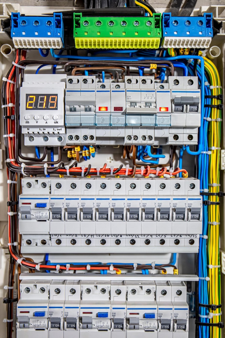 Kostenlose Foto spannungsverteiler mit automatischen schaltern elektrischer hintergrund