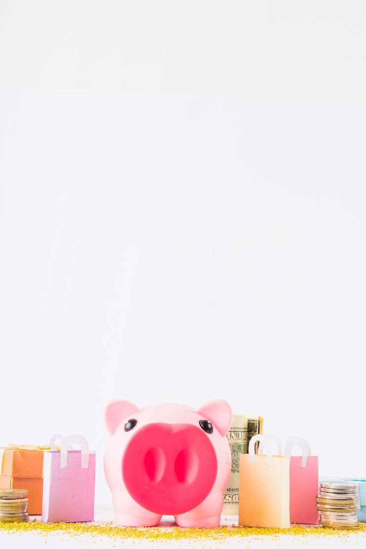 Kostenlose Foto sparschwein mit geld und einkaufstaschen