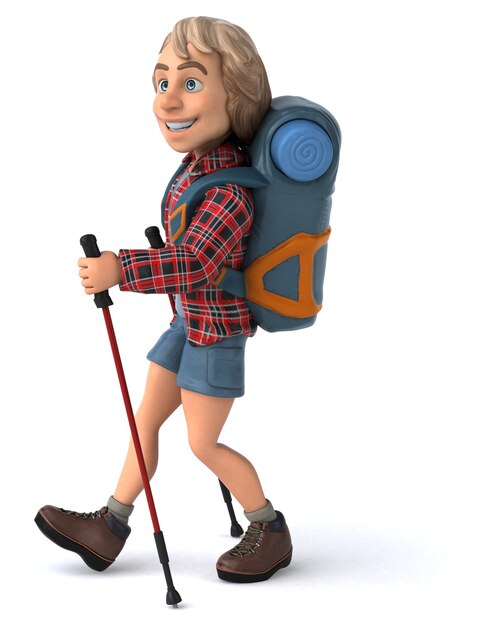 Spaß-Rucksacktourist mit Gehstöcken 3D-Illustration