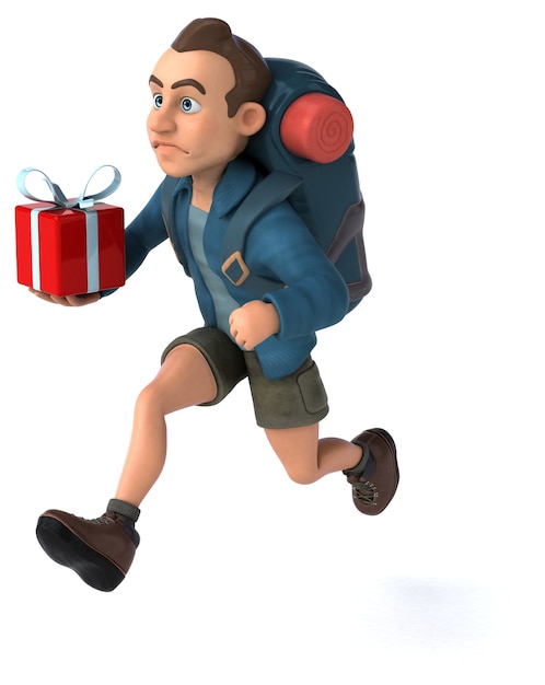 Spaßillustration eines 3D-Cartoon-Rucksacktouristen