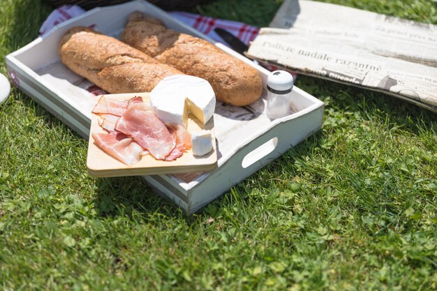 Speck mit Käse und Brot über grünem Gras