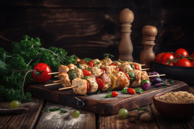 Spieße mit Fleischspießen und Gemüse auf rustikalem Holztisch Ai generativ