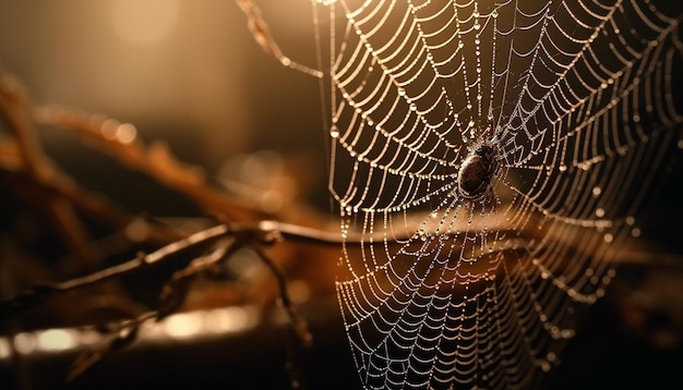 Spinne spinnt Netz Tautropfen glitzern im Sonnenlicht, das von KI erzeugt wird