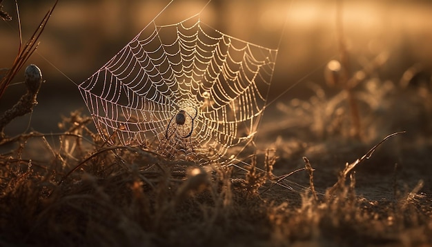 Kostenloses Foto spinne spinnt netz tautropfen glitzern im sonnenlicht, das von ki erzeugt wird