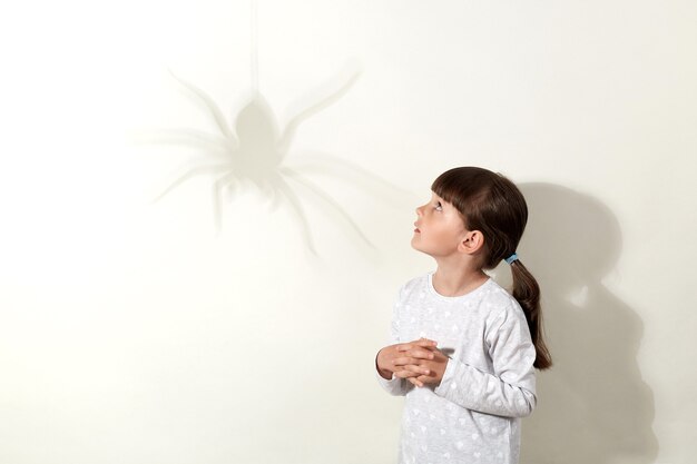 Spinne wirft großen Schatten an die Wand, kleines weibliches Kind hat Angst vor Insekten, sieht Käfer mit verängstigtem Blick an, hält die Hände auf der Brust, trägt weißes Hemd und hat dunkles Haar.