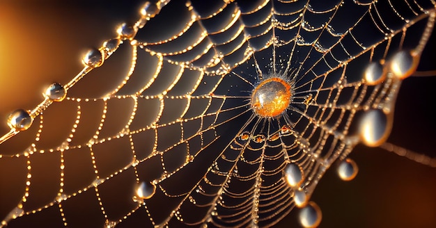Spinnennetz lässt Tau auf Naturhintergrund fallen, der von KI erzeugt wird