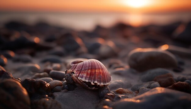 Spiralförmige Schönheit der Sonnenuntergangsmuschel im Naturvordergrund, erzeugt durch KI