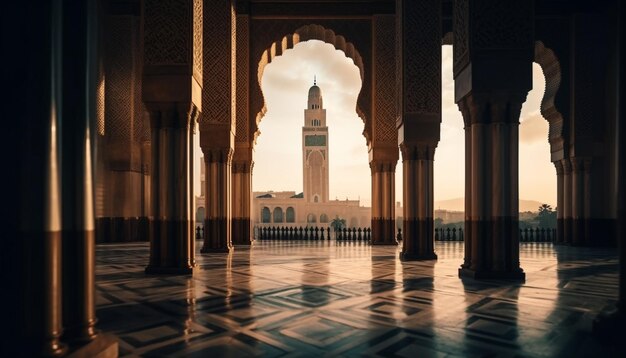 Spirituelles Minarett beleuchtet die Skyline der alten arabischen Stadt in der Abenddämmerung, generiert von KI