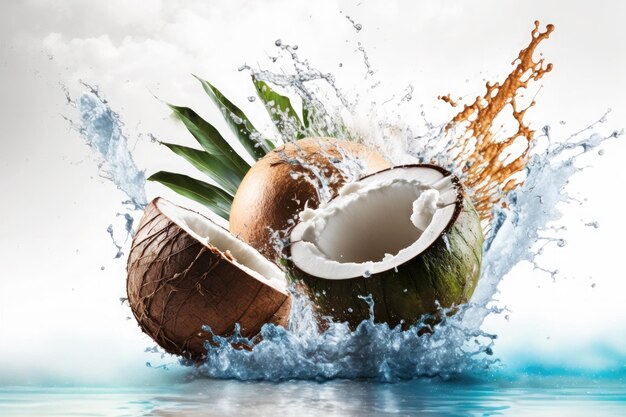 Split Kokosnüsse fallen mit Spritzwasser auf weißem Hintergrund Ai generativ