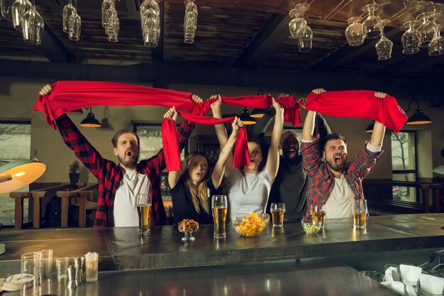 Sportfans jubeln in der Bar, im Pub und trinken Bier, während die Meisterschaft und der Wettbewerb stattfinden