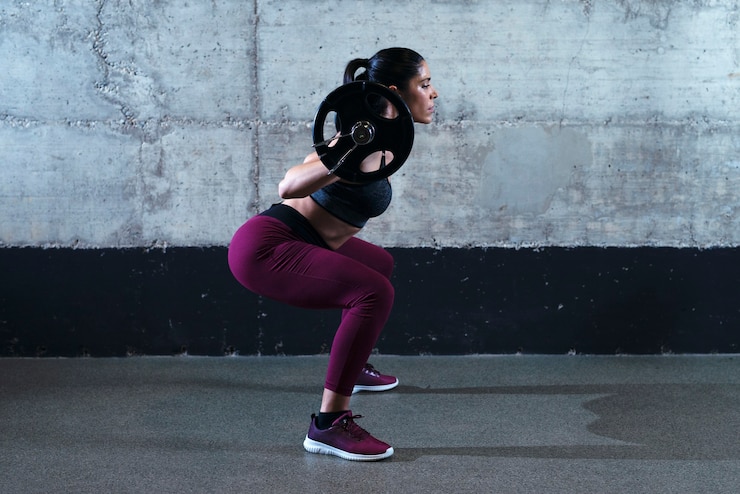 Kostenlose Foto sportliche fitnessfrau in geduckter position, die kniebeugen tut und gewicht im fitnessstudio hebt