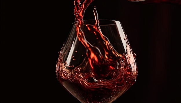 Spritzende Flüssigkeit, die Weinglas gießt, das zur Feier überläuft, erzeugt von KI