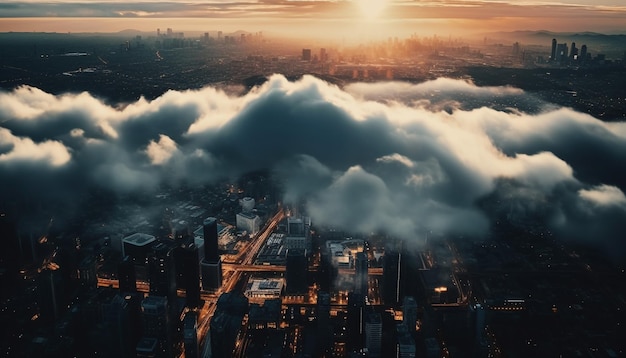 Stadtbild bei Sonnenuntergang Wolkenkratzer ragen in der Dämmerung hoch über die städtische Skyline, erzeugt durch KI