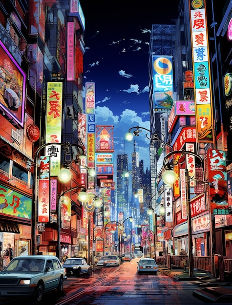 Kostenloses Foto stadtlandschaft des von anime inspirierten städtischen gebiets