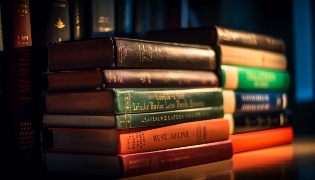 Stapel alter Lehrbücher im Bibliotheksregal, generiert von KI