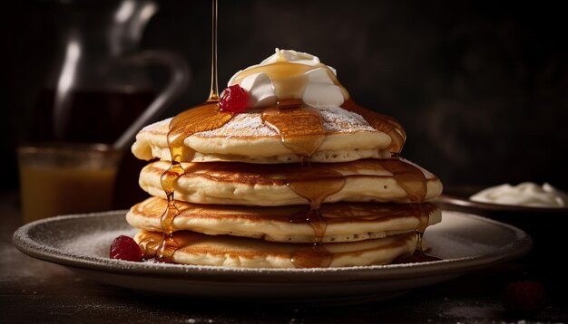 Stapel hausgemachter Pfannkuchen mit süßem Sirup, der von KI erzeugt wird