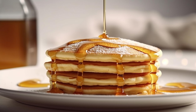 Stapel hausgemachter Pfannkuchen mit von KI generiertem Sirupguss