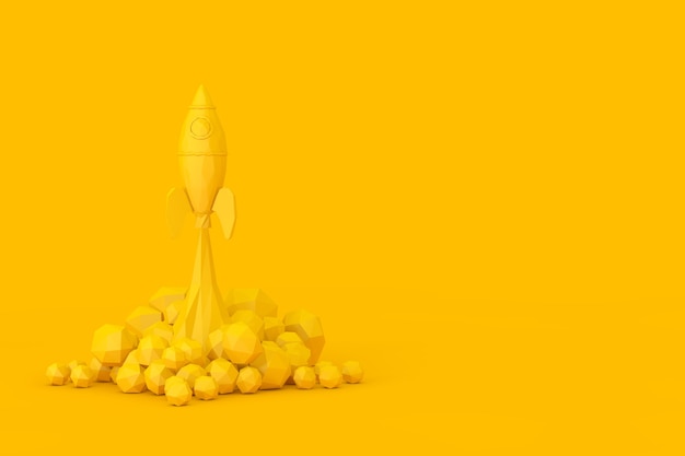Startup-konzept. gelbe spielzeugrakete hebt rauch im low-poly-stil auf gelbem grund aus. 3d-rendering