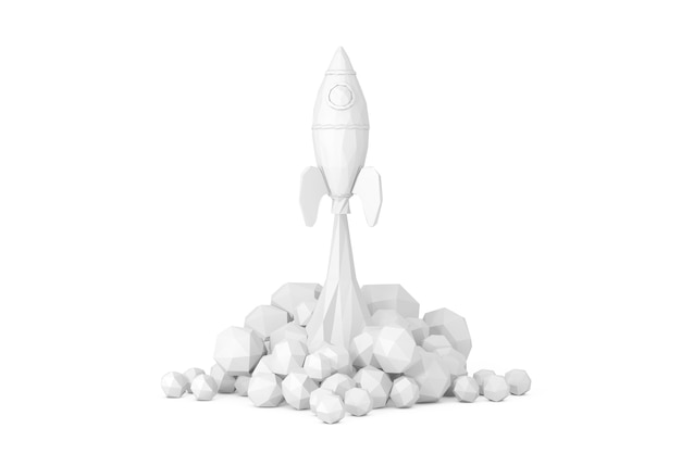 Startup-konzept. spielzeug-rakete hebt rauch im low-poly-stil auf weißem hintergrund aus. 3d-rendering