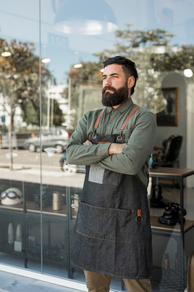 Kostenlose Foto stehender äußerer naher friseursalon des bärtigen ernsten friseurs
