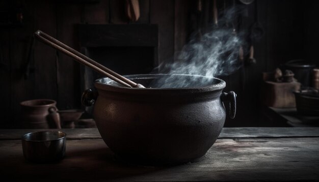 Steingutkessel kocht Suppe über offener, von KI erzeugter Flamme